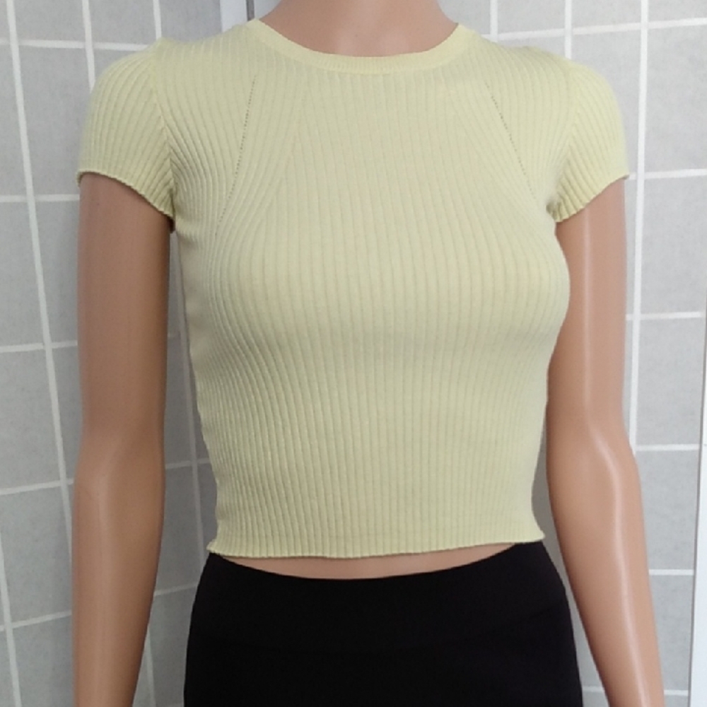 Bershka Bright Yellow Ribbed Crewneck Crop Top Women's Size XS - Picture 4 of 11